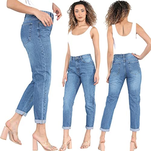 Image of imporio 11® Women Denim Mom Jeans Ladies Denim Boyfriend Mom Jeans UK Sizes 8-20 (as8, Numeric, Numeric_8, Regular, Regular, Mid Wash)