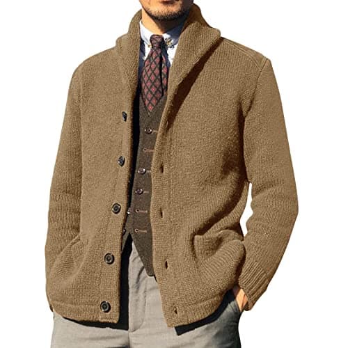 Image of Generisch Mod Winter Jackets Solid Wool Knitted Stand-Up Collar Long Sleeve Long Style Cardigan Coat Men's Coat Fur, khaki, L