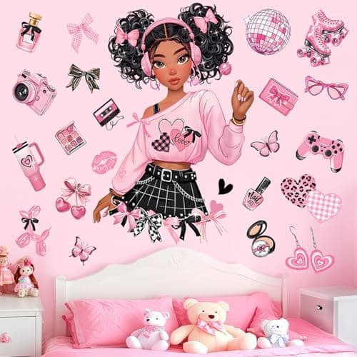 Image of decalmile Black Girl Wall Stickers Pink Bow Butterfly African American Wall Decals Baby Nursery Bedroom Girls Room Wall Decor