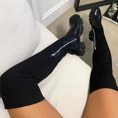 Image of Knee High Boots Women Knit Sock Thigh High Boots Round Toe Mid Chunky Heel Long Stretch Over the Knee Booties Slip On Flats Casual Non Slip Winter Fall Shoes