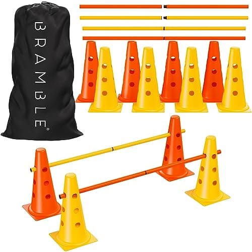 Image of Bramble - Adjustable Height Speed Agility Hurdles Set - 12 Cones 15" & 6 Training Poles 40" - Use as Exercise Jumping Hurdles for Kids, Football Agility Poles, or as Dog Agility Equipment