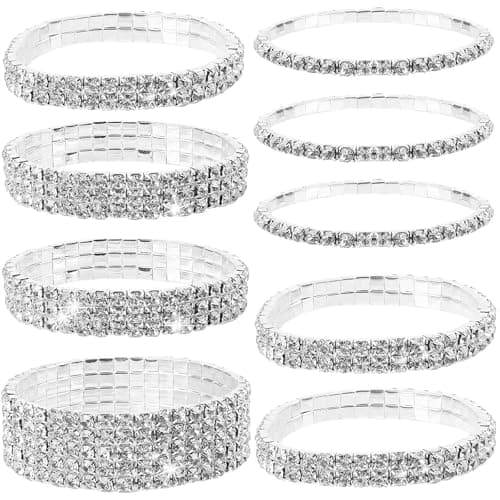 Image of Stretch Rhinestone Bracelet Stackable - 9 Pcs Alloy Rhinestone Bracelets Stretch, Silver Bangles Rhinestone Stackable Rhinestones Bracelet, Bridal Sparkly Wedding Jewelry for Women Bridal Girls Ladies