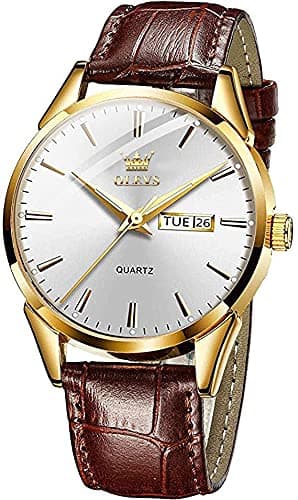 Image of OLEVS Men Watch Brown Leather Strap Large White Face Analog Quartz Classic Dress Date Luminous Waterproof Gents Wrist Watch