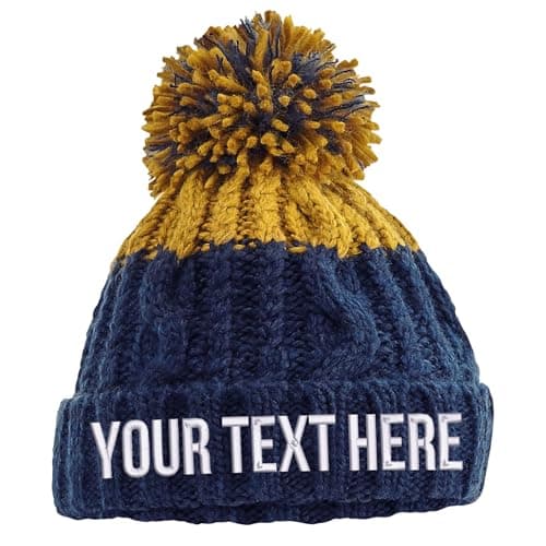 Image of Purple Print House Embroidered Apres Beanie Bobble Hat Custom Text Personalised Writing Winter Autumn Skiing Two Colour, One Size, Navy/Mustard