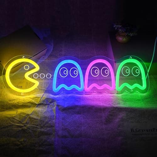 Image of Arcade Game Neon Sign, Retro 3D Ghost Arcade Game Light, Pac Man and Ghosts Light, Retro Ghost Decor with USB/Switch Neon light for Gaming Room Man Cave Birthday Halloween Christmas Gift