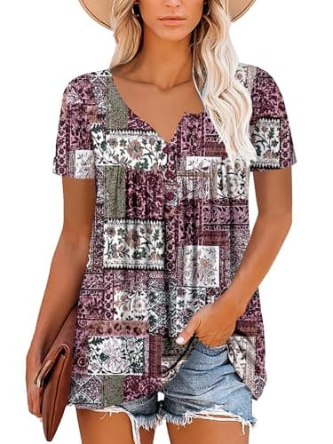 Image of Magritta Women Plus Size Shirts Short Sleeve Blouses V Neck Summer Floral Printed Tunic Tops for Leggings Ruffle Swing Tops Block Pink, 26-28