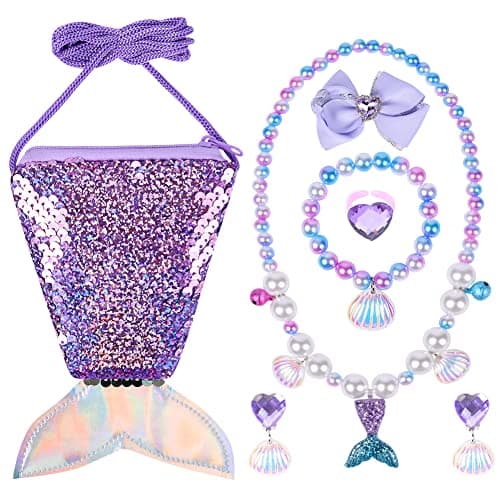 Image of OSDUE Mermaid Gifts for Girls, Kids Jewellery Sets Mermaid Crossbody Bag Necklace Bracelet Rings Earrings Princess Jewelry Accessories for 3 4 5 6 Year Old Girl Party Birthday Favors Gift