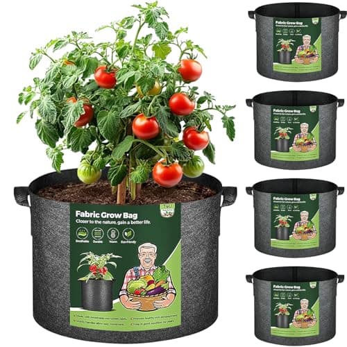 Image of T4U 5-Pack 10 Gallon Fabric Plant Grow Bags, Heavy Duty Smart Growing Bag with Handle, Thickened Breathable Nonwoven Growbag Planter Container for Potato Tomato Chili Strawberry Vegetable Seed Outdoor