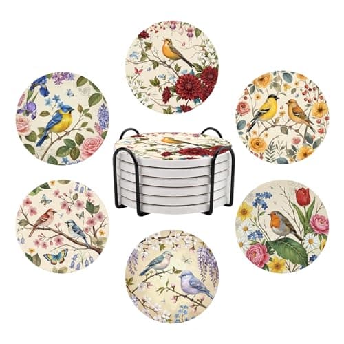 Image of Bird-themed Ceramic Coasters, Set of 6 Drink Coasters, with Metal Holder, Absorbent Round Non-Slip Drink Mug Cup Coaster Housewarming Room Bar Fashion Decoration Gift