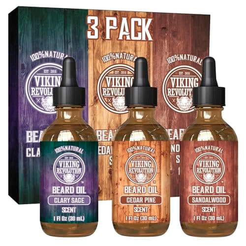 Image of Viking Revolution - Beard Oil - All Natural With Argan & Jojoba Oils - Sandalwood, Cedar Pine, Clary Sage - Softens, Smooths & Strengthens - Gifts For Men - Valentines Gifts for Him - 3 x 30 ml