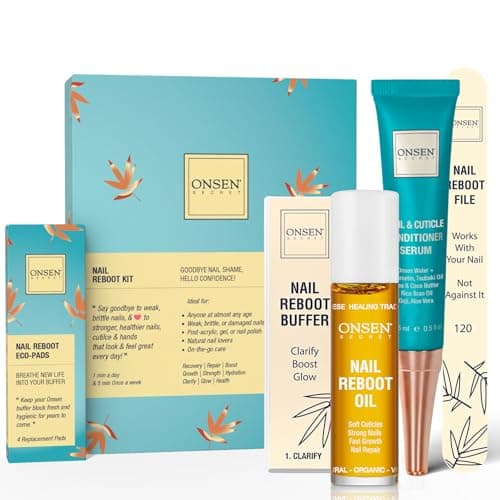 Image of Onsen Secret Complete Nail Reboot Kit w/Cuticle Oil 10ml, Nail File 120/180 Grit Double Sided, A 3-Way Nail Buffer Block & Cuticle Serum-15ml w/Nail Oil in Action-Super Value Pack