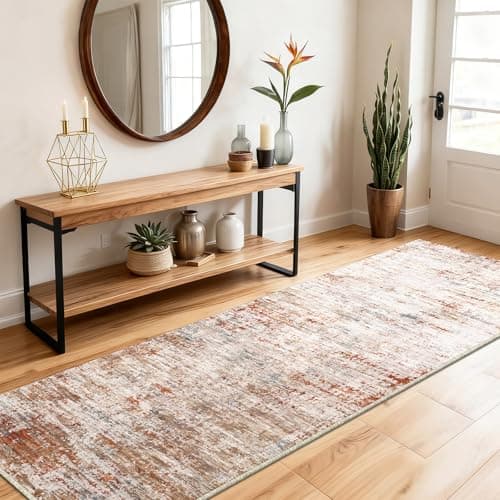 Image of SOANNY Runner Rug, 60x180 cm Abstract Low Pile Carpet, Non-Slip Washable Area Mat for Bedroom, Hallway, Kitchen, Laundry, Entryway, Utility, Beside Sofa, Office, Rust Red