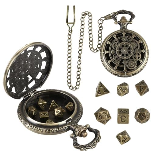 Image of 7Pcs Mini DND Dice Set with Steampunk Pocket Watch Shell Case Polyhedral Small Metal D&D Dice Antique DND Gifts Box RPG MTG Pathfinder Table Games Role Playing Board Game Accessories, Bronze