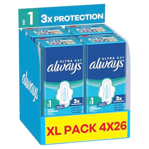 Image of Always Ultra Sanitary Towels, Size 1 Normal, Extra Large Pack, 104 Count, Super Absorbent, Ultra Thin Pads with Wings for Light/Moderate Flow