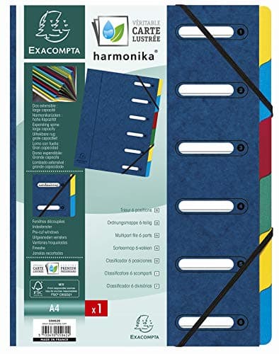 Image of Exacompta - Ref 55062E - Harmonika Multipart File - 24.5 x 32cm in Size, Suitable for A4 Documents, 6 Multi-Coloured Tabbed Sections, Premium Pressboard Cover - Cover in Blue