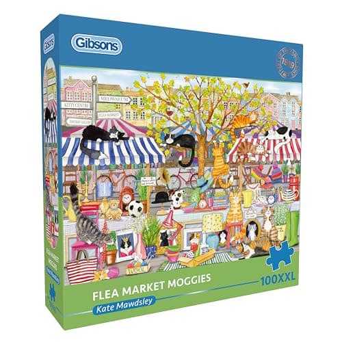 Image of Gibsons Flea Market Moggies 100XXL Piece Jigsaw Puzzle for Adults – Charming Cats Animals Artwork by Kate Mawdsley – Extra Large Pieces – Premium Sustainable Puzzle Made in the UK/EU