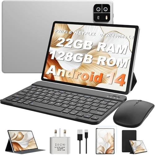 Image of Newest Tablet 10 Inch Android , Tablets 22GB RAM+128GB ROM (TF 1TB)Octa-Core/8000mAh/1920*1200 pixel/5G+WiFi 6,Widevine L1/Bluetooth 5.0/GMS/8MP+16MP/Widgets/Tablet with Keyboard+Mouse-Silvery