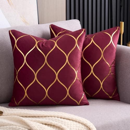 Image of Arwllzz Burgundy Decorative Velvet Cushion Covers 50 x 50 cm Luxury Golden Lines Throw Pillow Case Modern Square Pillowcases with Invisible Zipper for Christmas Couch (20 x 20 Inch, Wine Red)