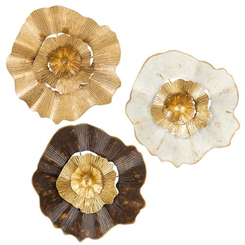 Image of Hollyone 12" Gold Wall Décor Pack of 3 Metal Flower Plate Wall Art Modern Accent Hanging Wall Decorations for Home Office Bedroom Living Room Wall Sculptures