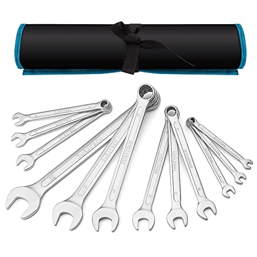 Image of DURATECH 12-Piece 6-22 mm Combination Spanner Set, Metric Open End Wrench Set, Offset Ring End, Chrome Vanadium Steel, DIN 3113, 12-Point, with Storage Pouch