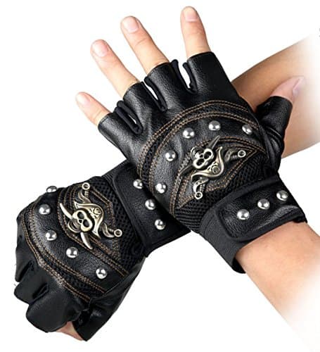 Image of Steampunk Gothic Gloves Men's Vintage Genuine Leather Captain Fingerless Mittens (B Black)(Size: One Size)