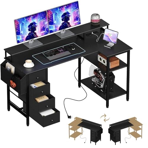 Image of Yaheetech Corner Gaming Desk with Drawers, 140x70cm L Shaped Computer Desk with Power Outlets, Office Desk with Raised Monitor Stand, Reversible Storage Shelves for Home Office, Black