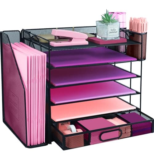 Image of ideallife Desk Organizers and Accessories with File Holder, 6-Tier Paper Letter Tray Organiser with Drawer and 2 Pen Holder, Mesh Desktop Document Organizer for Office Supplies, Workspace - Black