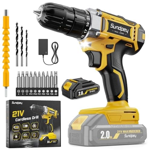 Image of Sundpey Cordless Drill Set 21V - 45Nm Electric Screwdriver and Drill Set with 2000mAh Rechargeable Battery, Compatible with Makita 18V Battery, 25+1 Torque 2 Speed, 3/8" Keyless Chuck Small Hand Drill