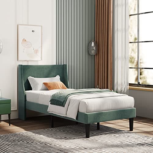 Image of Merax Single Bed Frame, 3FT Velvet Upholstered Bed with Winged Headboard, Wood Slat Support, Velvet Dark Green, L197*W97*H96cm