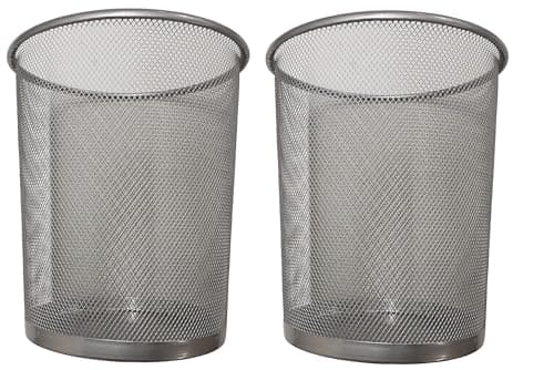 Image of DIVCHI Round Trash Can Bin - 2 Pack Silver Non-Slip Mesh Bins Waste Paper Bin Sturdy Metal Bin Indoor Waste Bin for Home Bedroom Office Bathroom Living Room & Kitchen (Silver)
