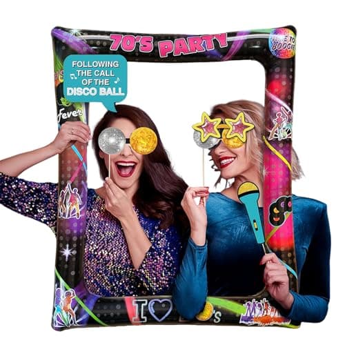 Image of 70s Retro Photo Booth Prop - Giant Inflatable Selfie Frame, Disco Party Decorations