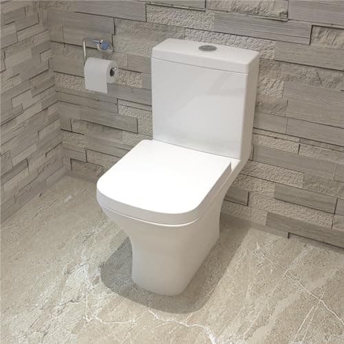 Image of Bathroom Square Close Coupled Toilet Ceramic White Cloakroom Soft Close Seat WC Modern