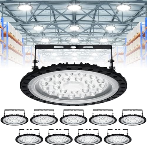 Image of Viugreum 10 Pack 100W UFO LED High Bay Light, 10000LM Ultra Thin LED Warehouse Lighting 6500K Daylight White, IP65 Waterproof Commercial Bay Lighting Shop Area Workshop Garage Lights Fixtures