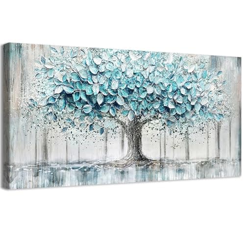 Image of Wooden Framed Large Canvas Wall Art Teal Blue Tree of Life Painting Abstract Large Panoramic Landscape Canvas Prints Pictures for Living Room Bedroom Home Office Wall Decorations 50x100cm/20x40 inch