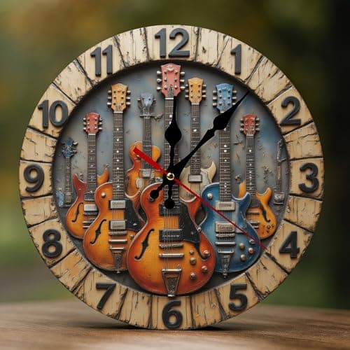 Image of GVYGVY Decorative Wall Clocks Battery Operated 10 Inch - Modern Wooden Vintage Colorful Guitars 2D Print Non Ticking Silent Wall Clocks for Living Room Office Bedroom Kitchen Hotel Bathroom Decor