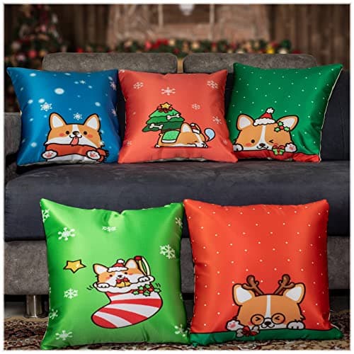 Image of Vendola Merry Christmas Cats Decorative Printed Satin Cushion/Throw/Pillow Covers (Multicolour) Set of 5 Pieces (12X12 Inches, Tomcat)