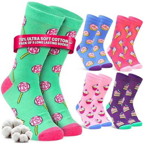 Image of Get Trend Socks for Women & Teens UK Size 4-7, Pack of 5 or 6 Casual Ladies Socks, Breathable, Multicoloured & Soft Grip, Gifts for Her (UK 4/7 UK, Multi Treats, Pack of 5)