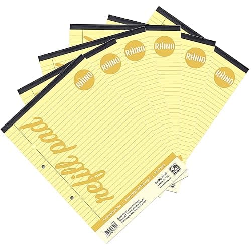 Image of RHINO Stationery Yellow Paper A4 Refill Pad | 50 Leaf/100 Page | 8mm Ruled with Margin | Pack of 6 - Ideal A4 Writing Paper for Dyslexia & Other SEN