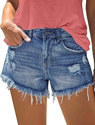 Image of KISSMODA Women's High Waist Stretchy Denim Hotpants, Distressed Ripped Shorts, 5-Dark Blue, Size 12-14
