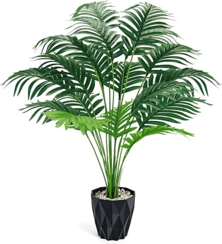 Image of BTSD-home 28" Artificial Plants Large Artificial Palm Tree UV Resistant Artificial Plants Outdoor for Living Room Porch Balcony Garden Decor Indoor (Black Pot)