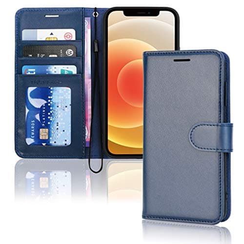 Image of TECHGEAR iPhone 12 / iPhone 12 Pro Leather Wallet Case, Flip Protective Case Cover with Wallet Card Holder, Stand and Wrist Strap - Blue PU Leather with Magnetic Closure for iPhone 12/12 Pro 6.1"