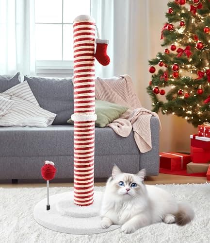 Image of PuzzlePaw Christmas Cat Scratching Post,Christmas Cat Scratcher for Indoor Cats,Christmas Cat Tree Tower Activity Cat Play Center with Santa Danging Sock Toys and Gift Box