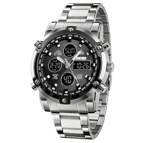 Image of SKMEI Mens Wrist Watch, Waterproof Military Analog Digital Watches with LED Multi Time Chronograph, Stainless Steel Business Watches for Men, 1389-SILVER Black, 2.28 * 1.89 * 0.63 inches, Sports