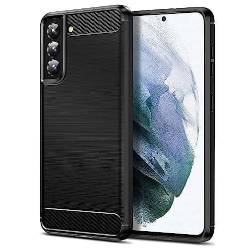 Image of Qiinogow Case Compatible with Samsung Galaxy S21 5G, Slim Fit Phone Cover with Shock-Absorption, Carbon Fiber TPU Rubber Protective Case, Black