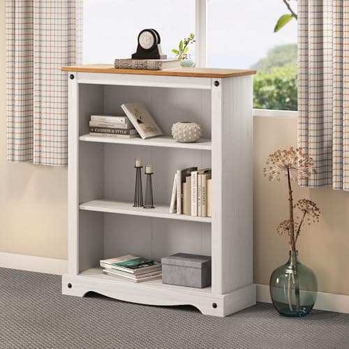 Image of Corona White Small Bookcase Solid Wood Pine Wooden Low 3 Shelf Open Display Shelving Unit Shelves Painted Shabby Chic Mexican Style Office Living Room Hallway 100cm High. 82cm Wide. 29cm Deep.