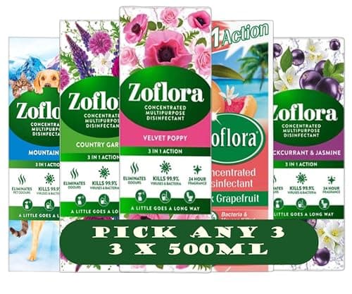 Image of Zoflora Concentrated Multipurpose Disinfectant, Velvet Poppy, Country Garden, Grapefruit, Blackcurrant & Jasmine, 3 x 500ml | Mix & Match Any 3