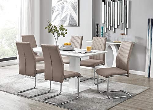 Image of Furniturebox UK Imperia 6 Seater White High Gloss Dining Table & 6 Cappuccino Grey Faux Leather Lorenzo Chairs - Modern High Gloss Dining Set with Chrome Cantilever Legs