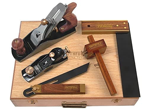 Image of Faithfull 5 Piece Carpenters Tool Set in Hinged Wooden Case - No.4 Smoothing Plane, Block Plane, Try Square, Sliding Bevel & Marking Gauge for Measuring, Marking, Trimming & Finishing Woodwork