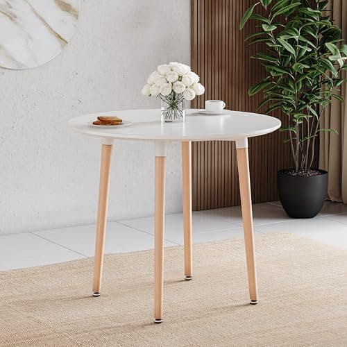 Image of Vida Designs Batley Round Dining Table, Modern Round Kitchen Table with Natural Beech Wood Legs, Compact Dining table for Small Kitchen & Dining Room Furniture (White, 4 Seater)