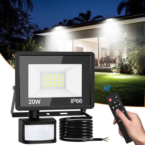 Image of vighep Security Lights Outdoor Motion Sensor, 20W Led Pir Floodlight with Remote Control, 6500K Cold White IP66 Waterproof Outside Wall Light Mains Powered for Garage Backyard Garden Doorway
